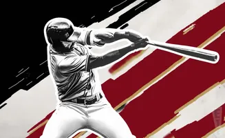 A baseball player swings a bat against a red and black backdrop with white stripes.