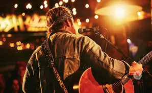 Musician with bandana and denim jacket plays guitar and sings into a microphone, lit by stage lights.