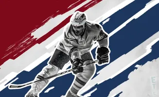 A hockey player in motion against a red, white, and blue striped background.