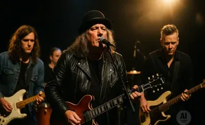 A rock band performs on stage, with a lead singer in a black leather jacket and hat, playing guitar and singing into a microphone.