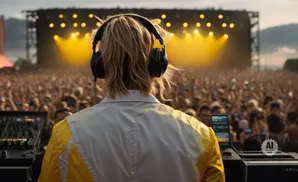 DJ with headphones at a crowded outdoor concert, stage lights in the background.