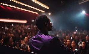 A man in a purple jacket looks out at a blurred audience in a theater.