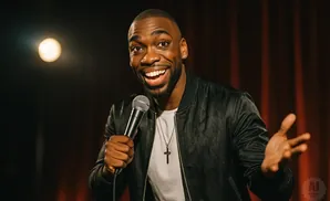 Comedian holding a microphone and gesturing while speaking into it on stage.