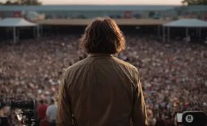 Person with shoulder-length hair facing a large, blurred crowd at an outdoor concert or event.