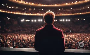 Person in a red jacket on stage facing a large, lit audience.