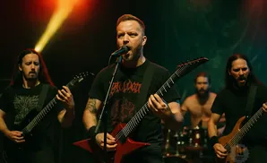 A male band performs on stage, with three guitarists and a drummer visible.