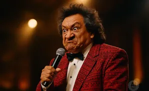 Comedian with wild hair, exaggerated angry expression, and a red patterned jacket holds a microphone.