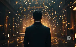 A man in a suit stands in a hall with golden confetti falling.