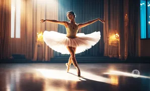 Ballerina in a white tutu and gold corset on stage, bathed in light.
