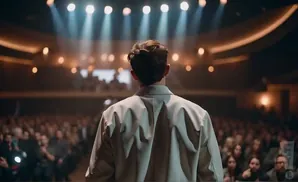 Man in light jacket facing away from camera on stage, with audience in the background.