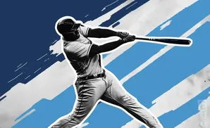 A baseball player swings a bat against a blue and white abstract background.