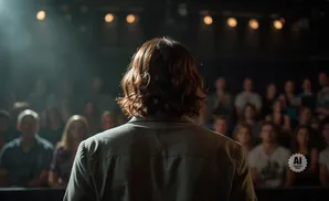 A person with wavy brown hair stands with their back to the camera, facing an audience under stage lights.