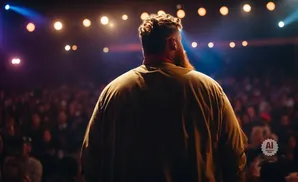 Man with beard and curly hair facing an audience on a stage with bright lights.