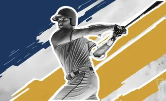Black and white image of a baseball player swinging a bat against a blue and yellow abstract background.