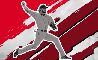 A baseball pitcher in mid-throw against a red and white abstract background.