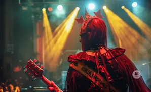 A person with a red crown and red hair plays a red guitar on a stage with bright yellow lights.