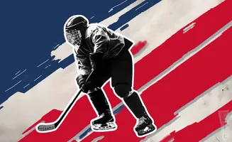 A hockey player is silhouetted against a background of red and blue stripes.