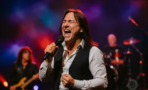 A rock singer belts into a microphone on stage, bathed in colorful lights.