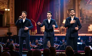 Three men in navy suits sing on stage with an orchestra behind them.
