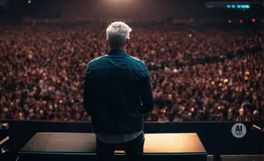 Man on stage facing a large, blurred crowd, bathed in spotlight.