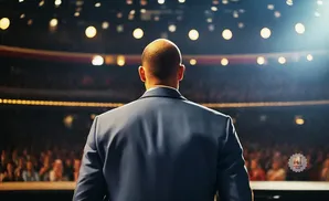 A bald man in a suit stands on a stage facing a blurry audience, illuminated by spotlights.