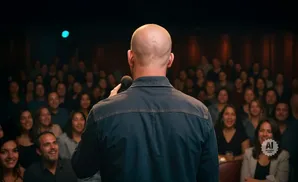 A bald man with his back to the camera holds a microphone and speaks to an audience in a dimly lit room.