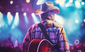 A man in a cowboy hat and plaid shirt plays guitar on stage with colorful lights.