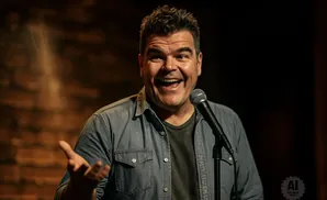 A man in a denim shirt laughs into a microphone on a dimly lit stage.