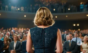 Woman in a dark dress speaking to an audience in a theater.