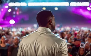 Man in light jacket facing away from camera, looking out at a blurred crowd under purple and blue stage lights.