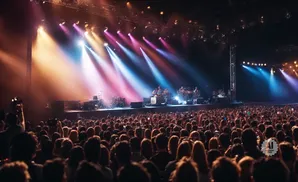 Concert crowd with stage lights and band.
