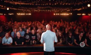 A bald man in a light blue shirt stands with his back to the camera, facing a blurred audience in a dimly lit venue.