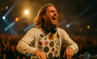 A DJ with long blonde hair and headphones around his neck smiles widely while playing music at a concert.