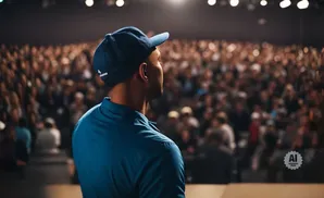 A person in a blue cap and shirt faces an audience in a dimly lit hall.