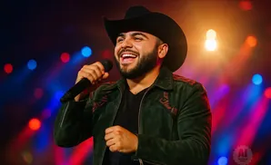 Man in a cowboy hat sings into a microphone on a stage with colorful lights.