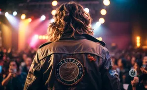 Person in leather jacket at a concert, back to camera, with bright stage lights and a crowd in the background.
