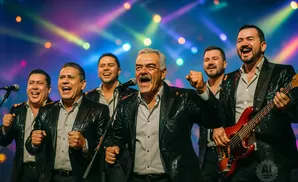 A band performs on stage with colorful lights, all wearing sparkly jackets.