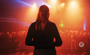 A person with long hair stands facing a crowd at a concert, bathed in red and orange stage lights.