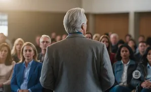 A speaker addresses an audience from behind, seen from the back, in a sunlit room.