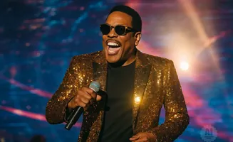A man in a gold sequined jacket sings into a microphone, wearing sunglasses and a wide grin.