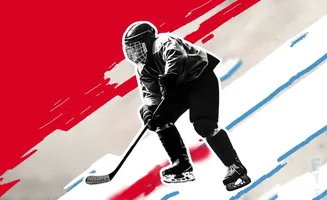 A hockey player in full gear skates forward, stick in hand, against a graphic background of red and blue stripes.