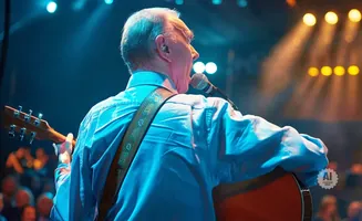 An older man plays guitar and sings into a microphone on a brightly lit stage.