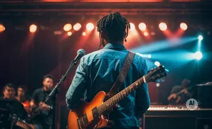 A guitarist performs on stage with a band, bathed in colorful stage lights.