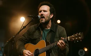 A man with a beard sings into a microphone while playing an acoustic guitar on stage.
