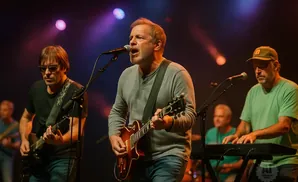 A band plays music on stage with colorful lights.