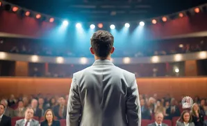 A man in a suit stands with his back to the camera on a stage, facing an audience in a dimly lit auditorium.