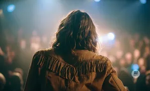 A person with curly brown hair seen from behind, wearing a fringed jacket, faces a blurry crowd under stage lights.