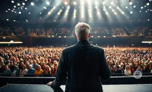 A speaker addresses a large, enthusiastic audience under bright stage lights.