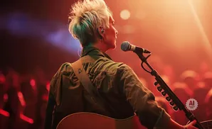 A person with short, spiky blonde hair plays an acoustic guitar and sings into a microphone on stage.