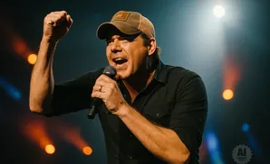 A man in a trucker hat sings into a microphone with his fist raised.